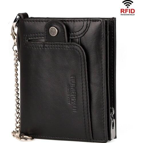 Mens Wallet Crazy Horse Genuine Leather RFID Protection Vintage Chain Wallets Leisure Hasp Purse Money Clip Card Holder Casual