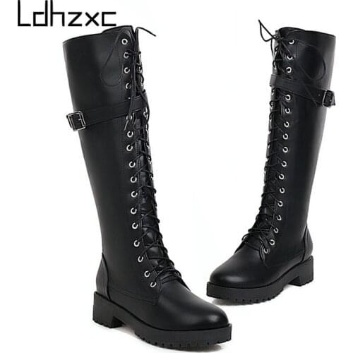 LDHZXC Women Kneehigh Boots Med Heels Female Motorcycle Boots Lace-up Round Toe Black Platform Heel Ladies Casual Boots