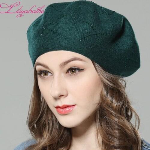 Liliyabaihe New womens winter hat Wool knit berets, caps with Cross diamond decoration solid colors fashion lady hat