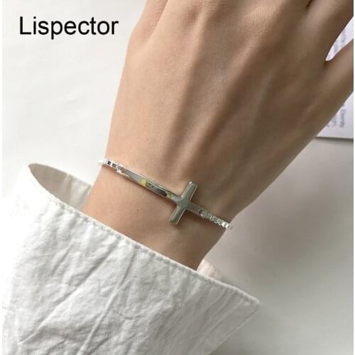 Lispector 925 Sterling Silver 2mm Box Chain Cross Charms Bracelets for Women Korean Simple Geometric Bracelet Christian Jewelry