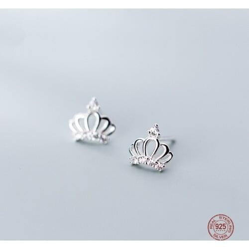 LKO 925 Sterling Silver Minimalism Hollow Out Crown CZ Zircon Stud Earring For Women Girl Lady Wedding Jewelry Gift Accessories