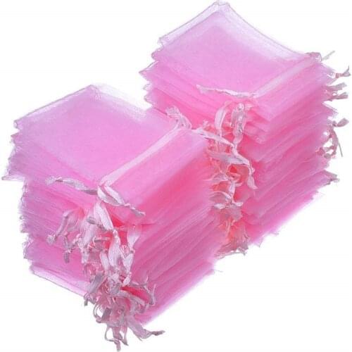 100Pcs Jewelry Bags Packing Drawable Pink Organza Bags 7x9 9x12 10x15 13x18 17x23cm Gift Bags Sachet Organza Wedding Decor