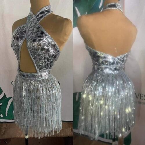 Fashion Shining Silver Tassel Crystals Dress Evening Party Wear Prom Sequins Dresses Singer Birthday Celebrate Costomes DN7510