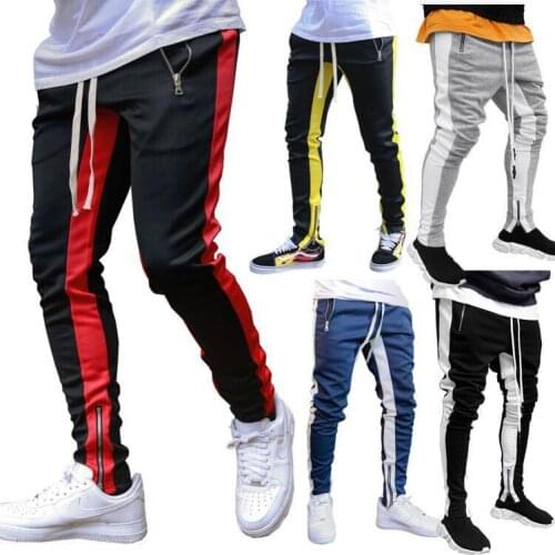 Men Stylish Color Block Zip Pockets Drawstring Sports Skinny Pants Trousers