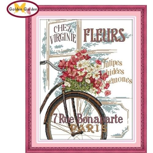 GG Flowers&bicycle Joy Sunday Cross Stitch Kit Handicraft Counted Stamped Canvas Rose Cross Stitch Wedding for Home Decoration