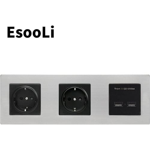 EsooLi EU Standard Wall Stainless Steel Panel Double Socket 16A Electrical Outlet Dual USB Smart Charging Port 5V 2A Output