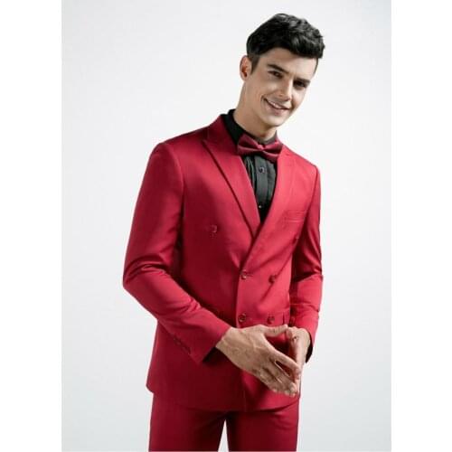 New Fashion Double Breasted Red Groom Tuxedos Groomsmen Peak Lapel Mens Suits Blazers (Jacket+Pants+Tie) W:798
