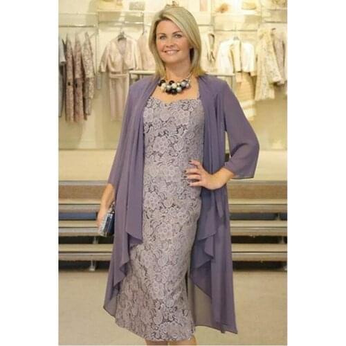 Mother of The Bride Dresses Two Pieces Chiffon Jackets Sheath Knee Lace Mothers Dresses For Wedding Events vestido de madrinha