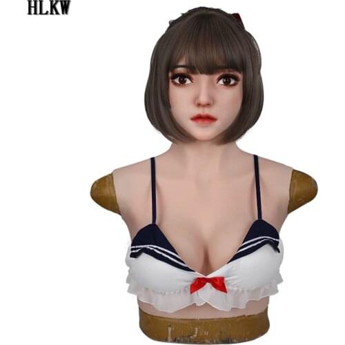 E Cup Realistic Silicone Breast Forms Full Head Female Face Mask for Crossdresser Party Halloween Masquerade Ball Crossdressing