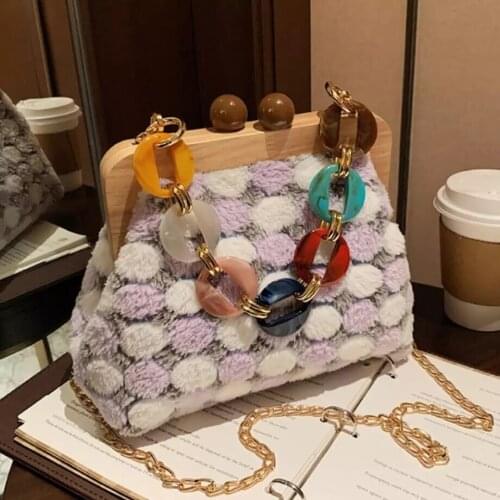 Acrylic Chain Tote bag 2020 Winter New High-quality Plush Womens Designer Handbag Contrast color Chain Shoulder Messenger Bag
