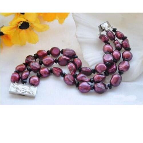 Luck Jewelry Store 3 Rows 8'' 14mm Purple Baroque Real Pearl Agates Bracelet Birthday Party Fashion Jewelry Charming Women Gift