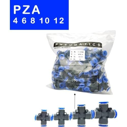 High Quality 200-500PCS/LOT PZA4 PZA6 PZA8 PZA10 PZA12 ,4 Way Cross Style Pneumatic Tube Push In Quick Fittings