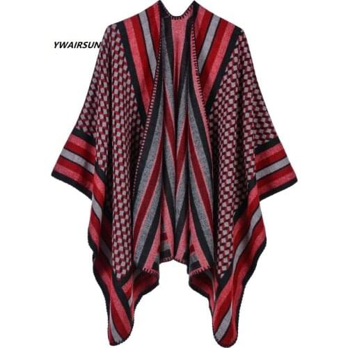 YWAIRSUN Fashion striped square warm shawl ladies imitation cashmere split female scarf tassel border cashew black poncho mujer