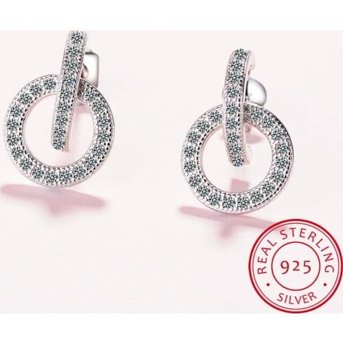 Solid 925 Sterling Silver CZ Stud Earrings For Women Jewelry Classic Double Circle Earrings Cubic Zirconia Ear Piercing