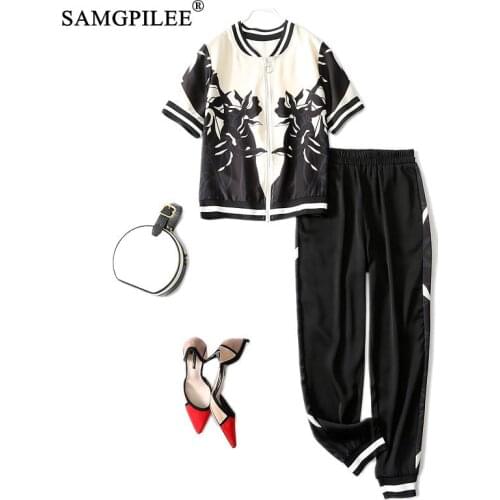 Summer Sets For Women 2021 New Short Sleeve Office Lady Zipper Stand Collar Elastic Waist Ankle Length Two Piece Woman Pant Suit
