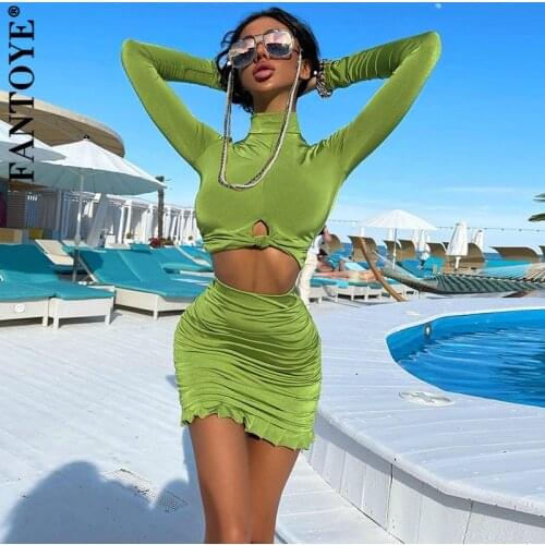 Fantoye Turtleneck Hollow Out Ruched Women Two Piece Sets Green Long Sleeve Top Slim Mini Skirt Ladies Summer Skinny Streetwear