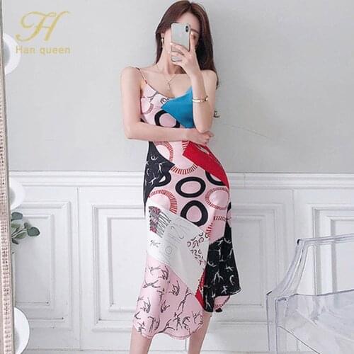 H Han Queen Sexy Fashion Simple Sling Print Long Dress V-neck Sleeveless Women Casual Dresses Party Vestidos