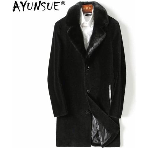 AYUNSUE Winter Jacket Men Real Fur Coat Long Sheep Shearling Wool Coat Mink Fur Collar Plus Size Warm 2020 KFS18M201-1 KJ3811