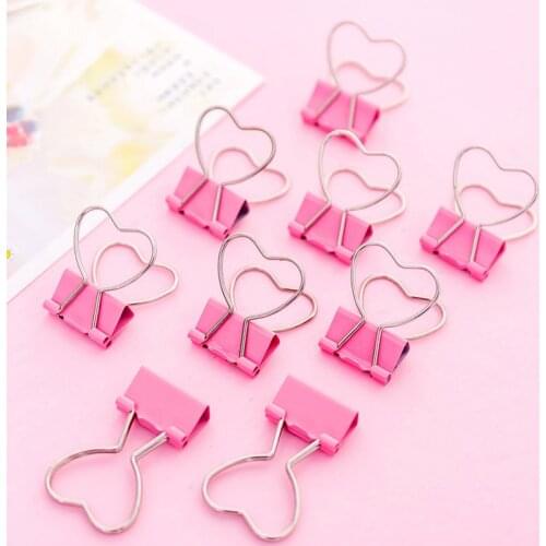 10Pcs Cute Pink Bag Clips Heart Hollow Out Metal Binder Clips Kawaii Notes Letter Photo Decorative Paper Clip Home Supplies
