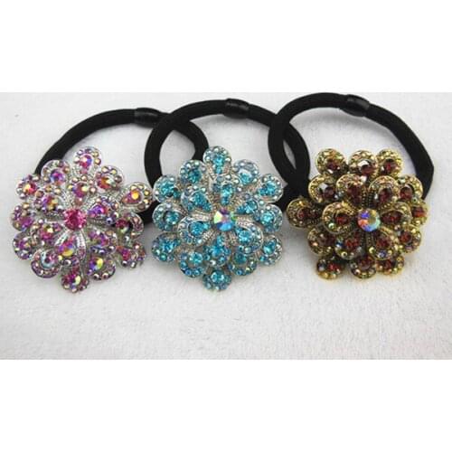 12 pcs NEW Women Crystal Rhinestone Hair Band Rope Elastic Ponytail Holder Flower Alloy Flower Hair wear Fashion Hair Accessory