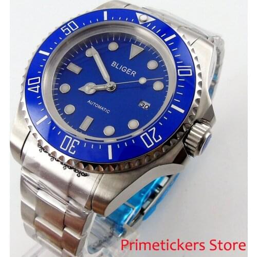 44mm date blue dial blue ceramic rotating bezel automatic movement wristwatch