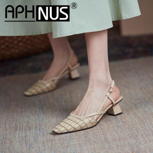 APHNUS Womens Sandals Cow Leather Low Mid Heels Pumps Pointed Toe Woman 2021 Shoes For Women New