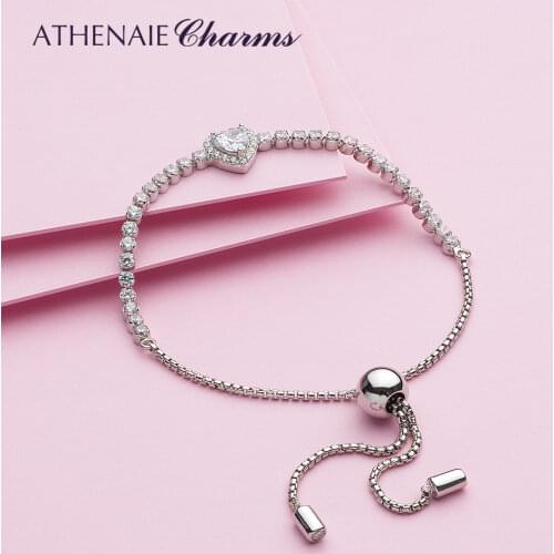 ATHENAIE 925 Sterling Silver Sparkling Clear Cubic Zirconia Heart Slider Bracelet Adjutable for Women Friendship for Girl Gifts