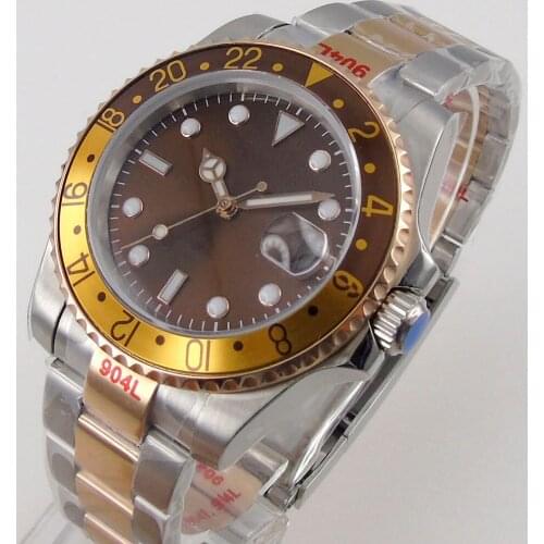 40mm Automatic Mens Watch Japan MIYOTA8215 Movement Coffee Dial Sapphire Oyster Bracelet Rose Gold Plated Aluminum Bezel Insert