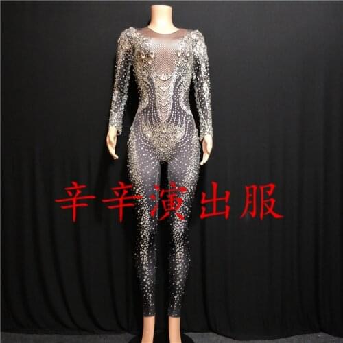 Black Rhinestones Pearls Jumpsuit Bar Dance Clothing Stretch Bodysuit Leggings Nightclub DJ Female Singer Show Costume Outfit