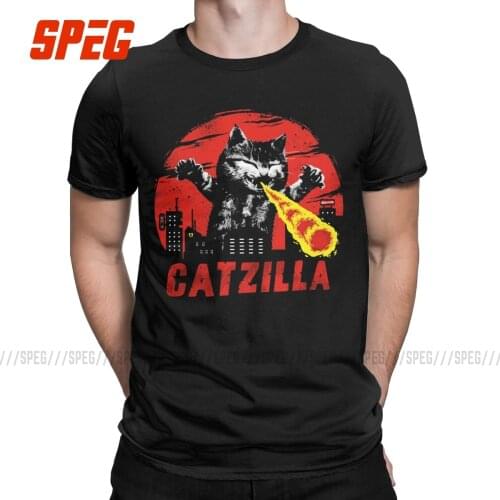 Humor Catzilla Cat Kitty Monsters T-Shirt Men Crewneck Pure Cotton T Shirt Short Sleeve Tees Gift Idea Plus Size 6XL Clothing
