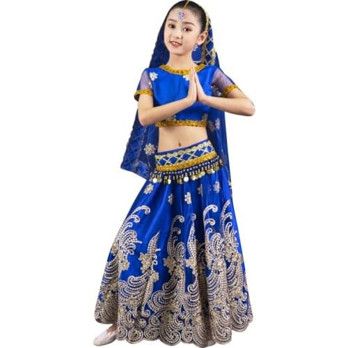 Sari Indian Clothing Bollywood Indian Childrens Belly Dance Costume Set Girls Top Belt Veil Skirt 4pcs Embroidered Performance
