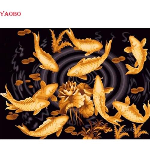 5D Full drill square round diamond painting Golden carp koi fish lotus mosaic diamond embroidery cross stitch needlework decor