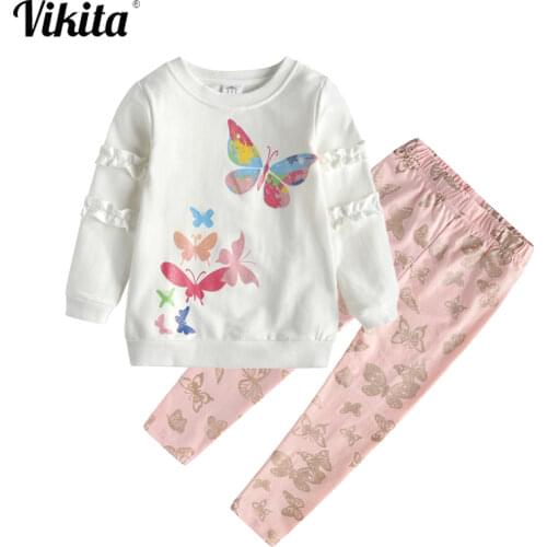 VIKITA Girls Clothing Sets Butterfly Print Long Sleeve Tops Tees and Pants 2 pcs Children Cotton Outfits Suit Kids Clothes