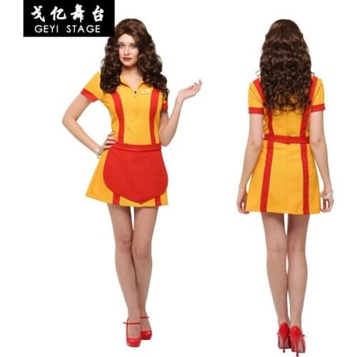 Cosplay Two Broke Girl Max Black Caroline Wesbox Channin Costume Bar Restaurant Waitress Cloth Apron Dress Badge Halloween