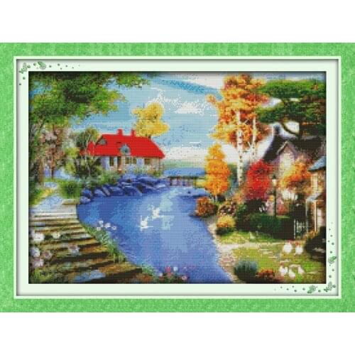 The Red House Near the Lake Counted Cross-Stitching 11CT Printed 14CT Handmade Aida Set Cross-stitch Kits Embroidery Needlework
