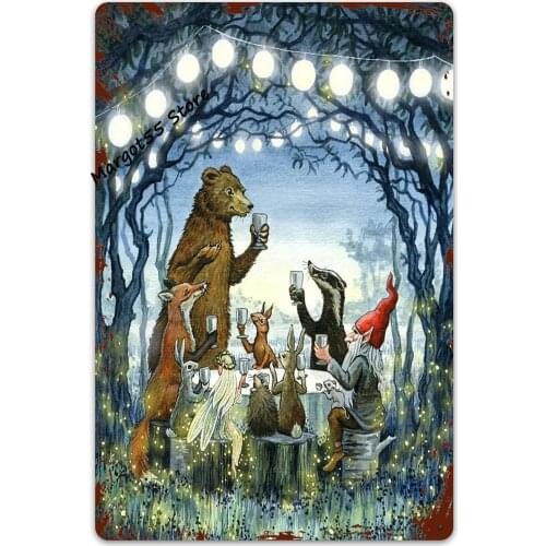 Metal Tin Sign,Fairy Tale Animals Fantasy Fall Forest Christmas Cute Gnome Black Bear Fox Winter Holiday Wall Iron Painting Wall