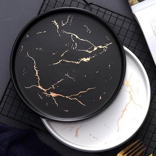 Marble Ceramic Plate Black Striped Round Steak Dinner Plates Kitchen Utensils Porcelain Creative Nordic Dessert Snack Dishes