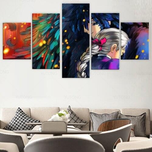 Wall Art Canvas Painting 5 Panel Howls Moving Castle Modular Pictures Canvas Painting Movie Poster and Prints Home Decoration
