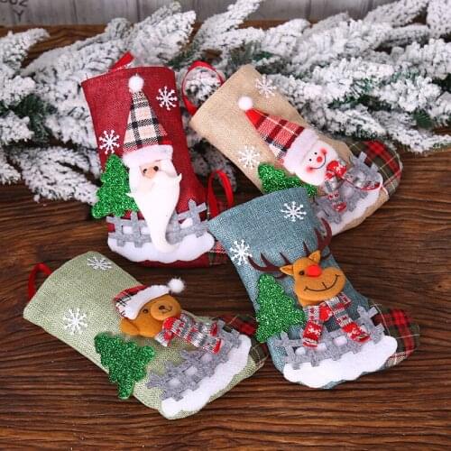 2021 New Year Christmas Stocking Sack Xmas Gift Candy Bag with Snowman Santa Elk Bear Printing Fireplace Xmas Tree home Decor