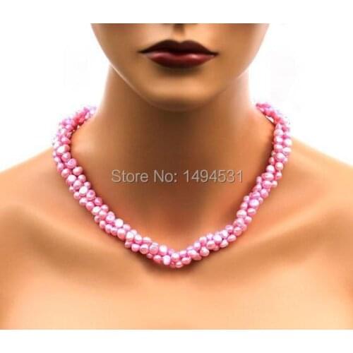 Wholesale Pearl Jewelry - 3 Rows Love Pink Natural Freshwater Pearl Necklace Earrings- Handmade Jewelry Set - New Free Shipping