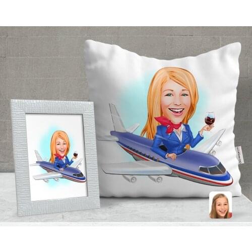 Personalized Stewardess Caricature Of Decorative pillow And Frame Gift Seti-1