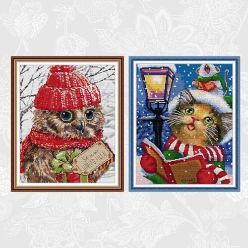Christmas Cat and Owl Cross Stitch Pattern 14CT Printed Fabric 11CT Canvas DMC Counted Chinese Cross-stitch Embroidery Sets