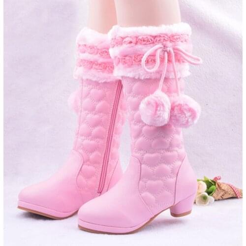Pink Winter Boots Girls High-heeled Childrens Leather Snow Flowers Princess Plush Warm Fashion Kids Party Boots