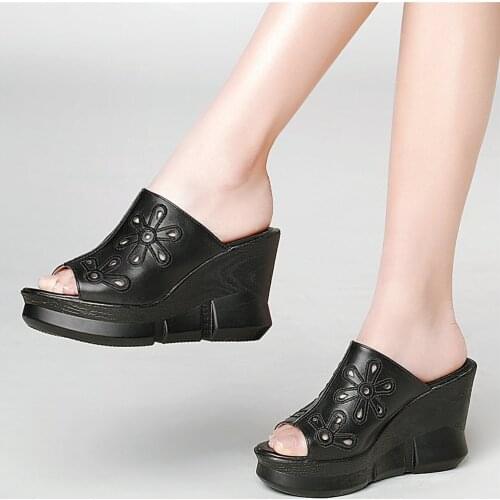 Women Genuine Leather Wedges High Heel Roman Gladiator Sandals Female Summer Open Toe Platform Pumps Shoes Flowers Casual Shoes