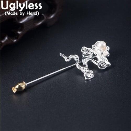 Uglyless Glossy Shinning Silver Lucky Clouds Vintage Ethnic Brooches for Women 925 Silver Long Pins Natural Pearls Brooch Retro