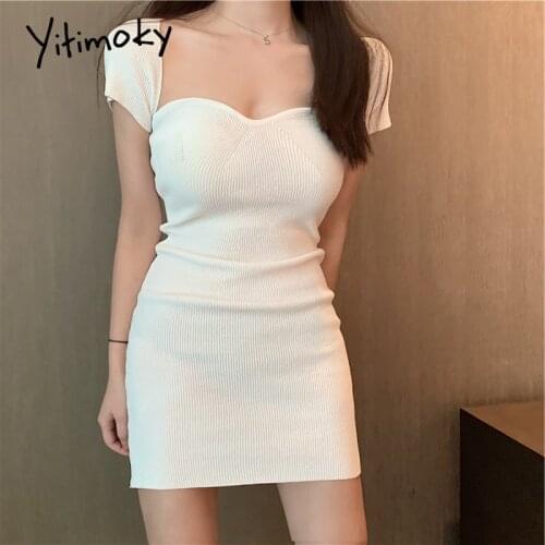 Yitimoky Knitted Bandage Dresses White Black Summer 2021 New Short Sleeve Sexy Ribbed Slim Harajuku Pullovers Off Shoulder Dress