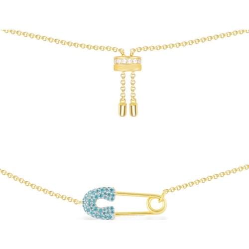 SLJELY Fashion Gold Color 925 Sterling Silver Lagoon Blue Safety Pin Pendant Necklace Simple Adjust Clavicle Chain for Women