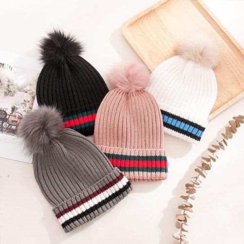 Women Winter Beanie Cap Fur Pom Pom Knitted Hat Core Yarn Warm Casual Skullies Beanies Striped Knitted Hat Knitted Hat Women Hat