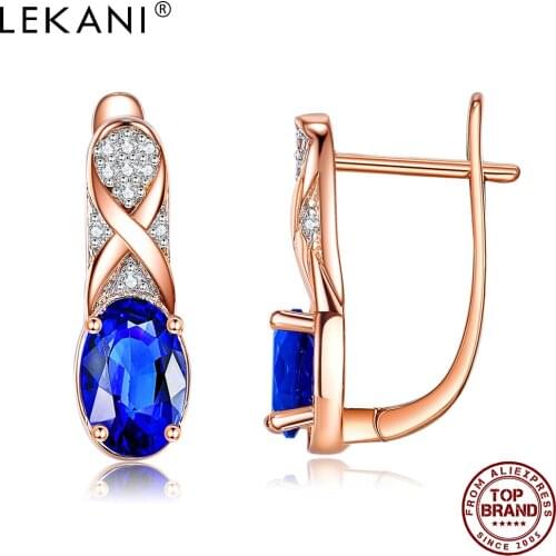 LEKANI Fashion Cross Line With Blue Oval 5A Cubic Zirconia Rose Gold Plated Stud Earrings For Women Fashion Jewelry New Arrival