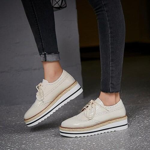 Womens genuine leather lace-up platform flats oxfords leisure carving british style summer espadrilles brogues shoese for women